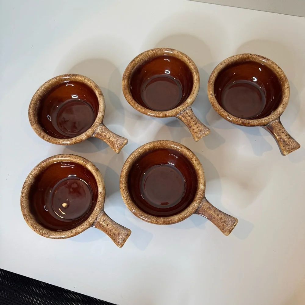 HULL BROWN DRIP BOWLS Soup Handle USA Mid Century Vtg lot of 5